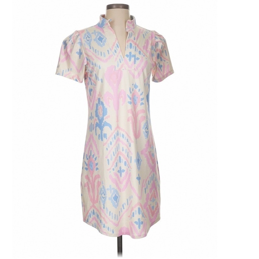 Dudley Stephens Pink Blue Ikat Print Split Neck Shift Dress XS Short Sleeve